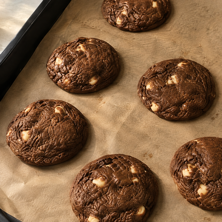 Six sourdough brown butter cookies on a parchment-lined baking tray