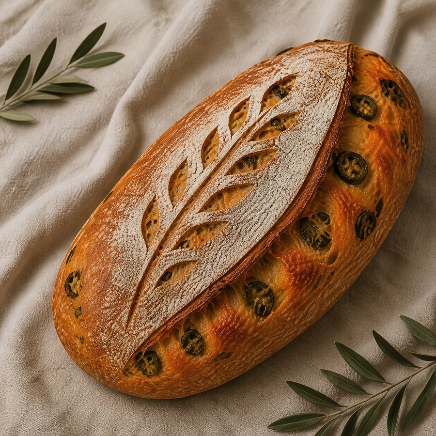 Cheddar and jalapeño sourdough loaf with sliced jalapeños