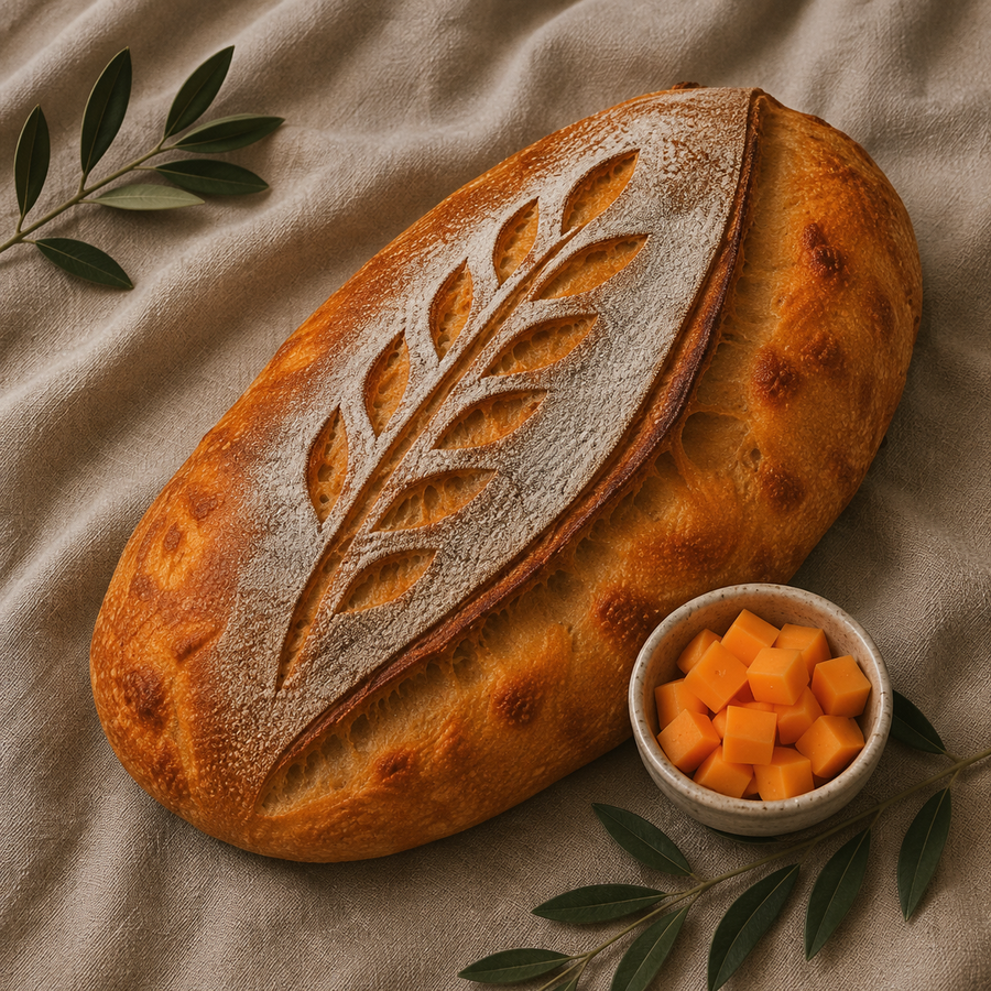Cheddar sourdough loaf beside a bowl of cheddar cubes