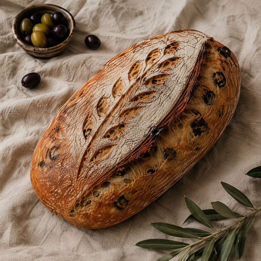 Kalamata olive sourdough loaf with black and green olives