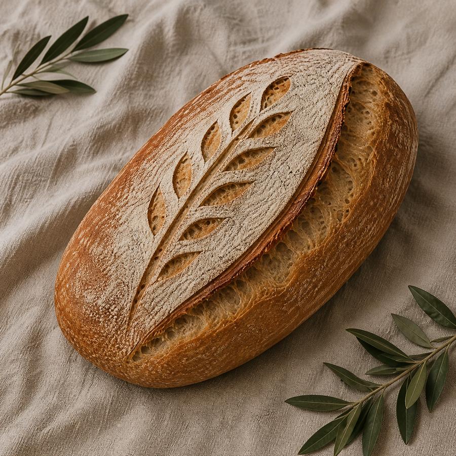 Plain sourdough loaf on neutral linen